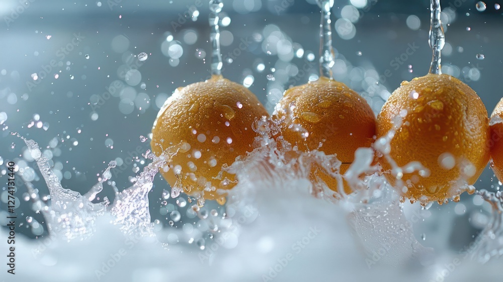 Poster fresh oranges splashing in water, creating a dynamic and refreshing visual effect.