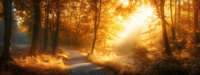 Obraz premium A forest in autumn, with trees of various colors and leaves falling to the ground, creating an enchanting landscape 