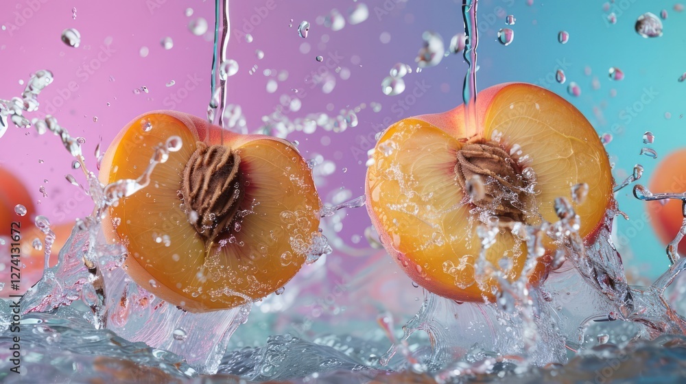 Poster juicy peach halves splashing in water, creating a vibrant and refreshing visual effect.
