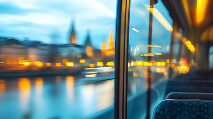 Blurred city view through train window evoking motion and vibrant urban atmosphere