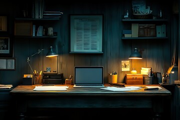 Cozy workspace with laptop desk lamps and shelves creating a nostalgic ambiance ideal for focused productivity Work from home