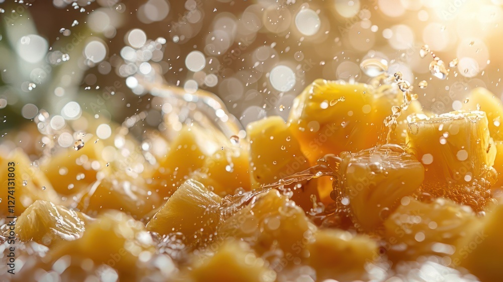 Poster close-up of pineapple chunks splashing in water, creating a refreshing and vibrant scene.