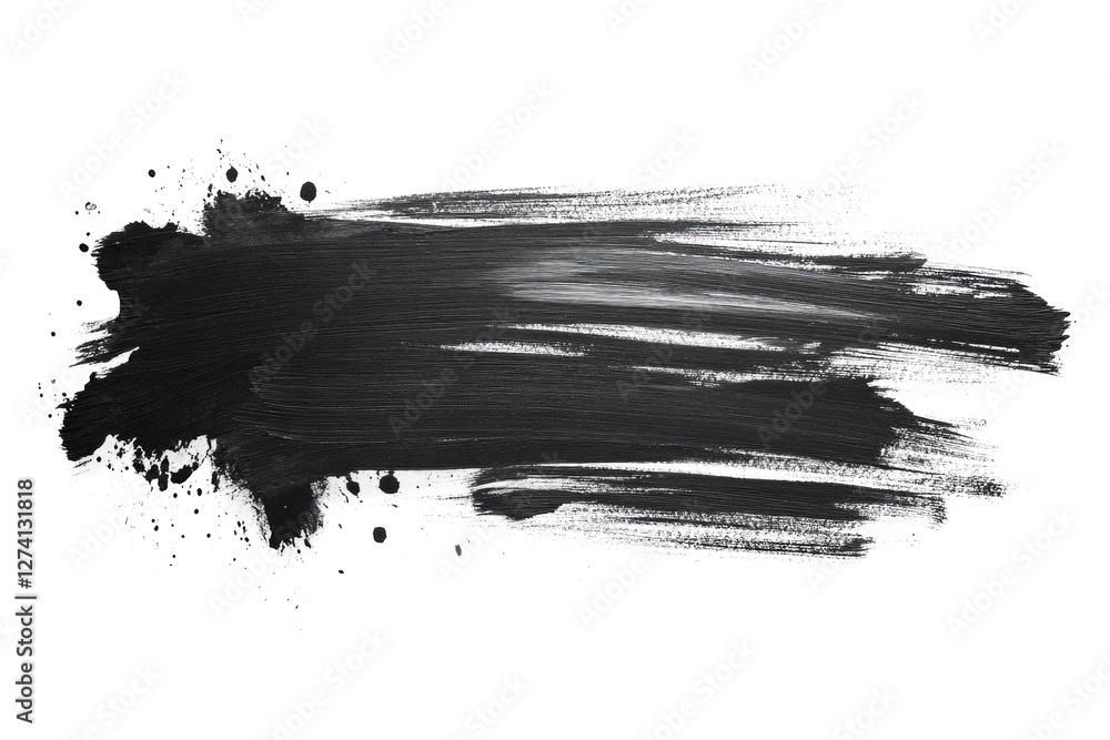 Poster wide black brush stroke with splatters creating an abstract shape on white background