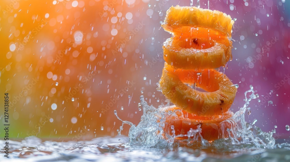 Poster slices of pineapple are stacked and splashing in water against a colorful background.