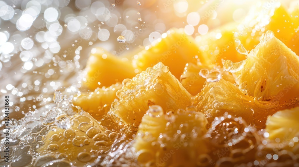 Poster close-up of pineapple chunks splashing in water with bubbles.