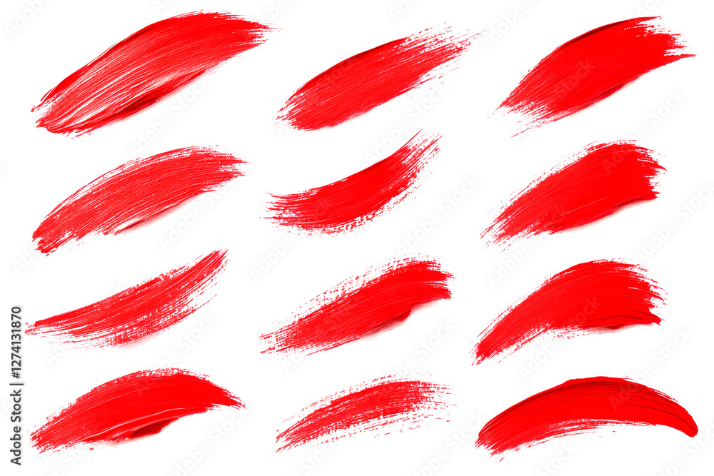 Poster set of vibrant red paint brushstrokes, creating a dynamic composition on a clean white background, i