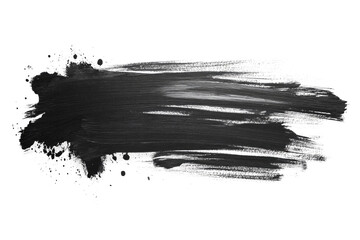 Wide black brush stroke with splatters creating an abstract shape on white background