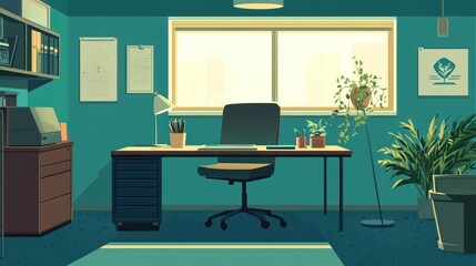 Modern office desk workspace, city view, plants