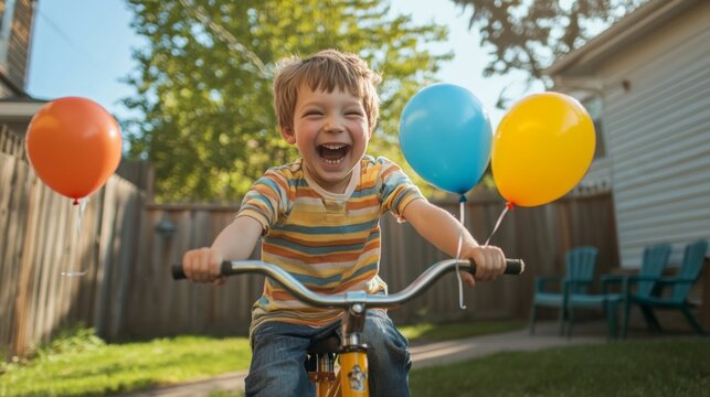 Child Riding Bike with Balloons in Backyard. Possible use Stock photo for children's activities, family moments, or outdoor fun