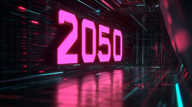Futuristic Neon Glowing 2050 Year Sign on a Digital Tunnel Background Wallpaper Illustration