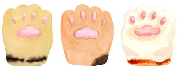 Cat paw whimsical animal foot watercolor hand drawn and painted on isolated background in collection set of brown, cream, orange