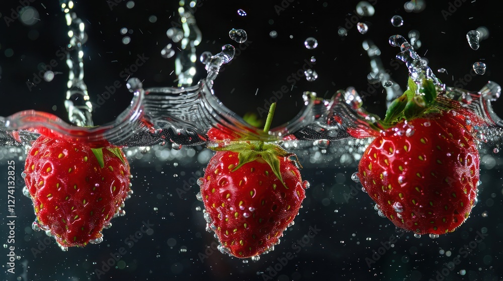 Poster three strawberries splashing into water, creating bubbles and ripples.