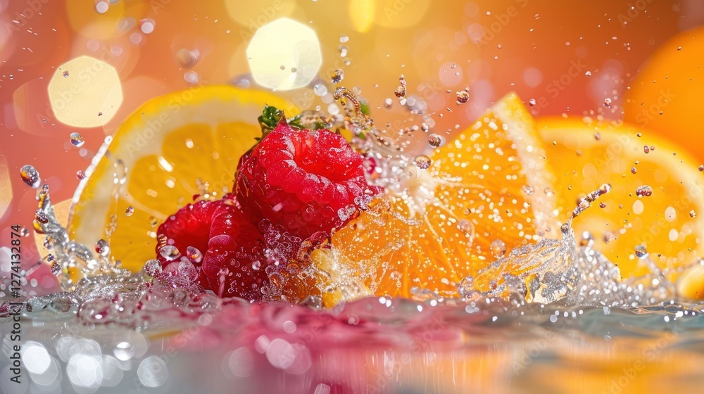 Poster vibrant fruit splash with raspberries and oranges in water, creating an energetic visual effect.