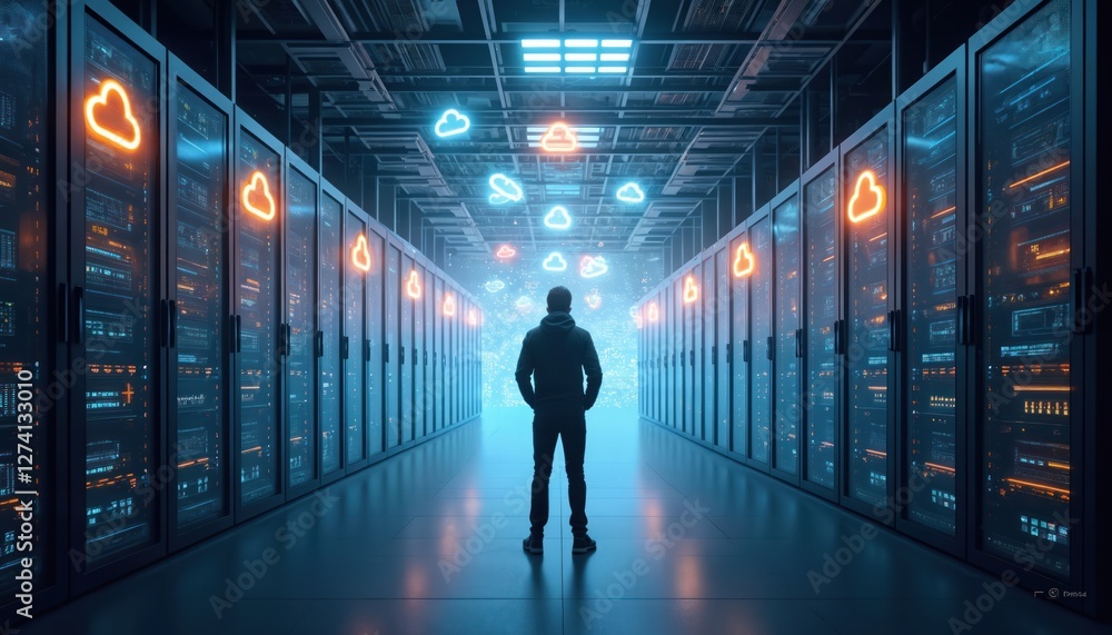 Poster illustration of cloud computing service operations center managing digital business data. system inf