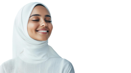 Portrait Photography of a Muslim Model in Stunning Hijab Styles concept. Smiling woman in a white hijab, isolated on transparent background