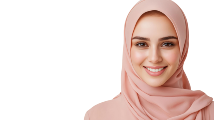 Portrait Photography of a Muslim Model in Stunning Hijab Styles concept. Smiling woman wearing a pink hijab, isolated on transparent background