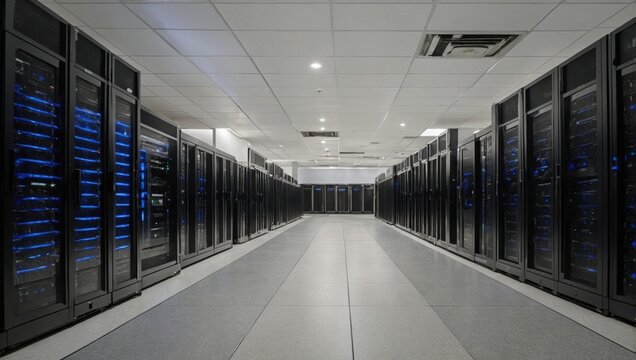 Server room, numerous computers, servers