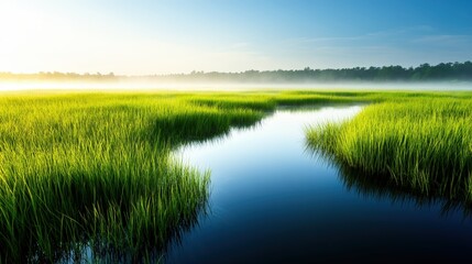 A serene landscape showcasing a tranquil river flowing through lush green grasses under a clear blue sky, evoking feelings of peace and the beauty of nature at dawn.