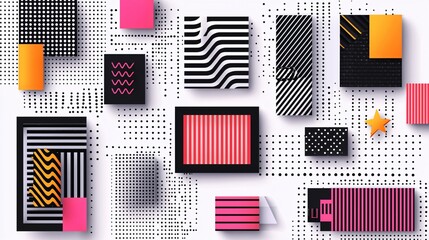 Abstract geometric shapes, vibrant colors, dotted background, modern art design