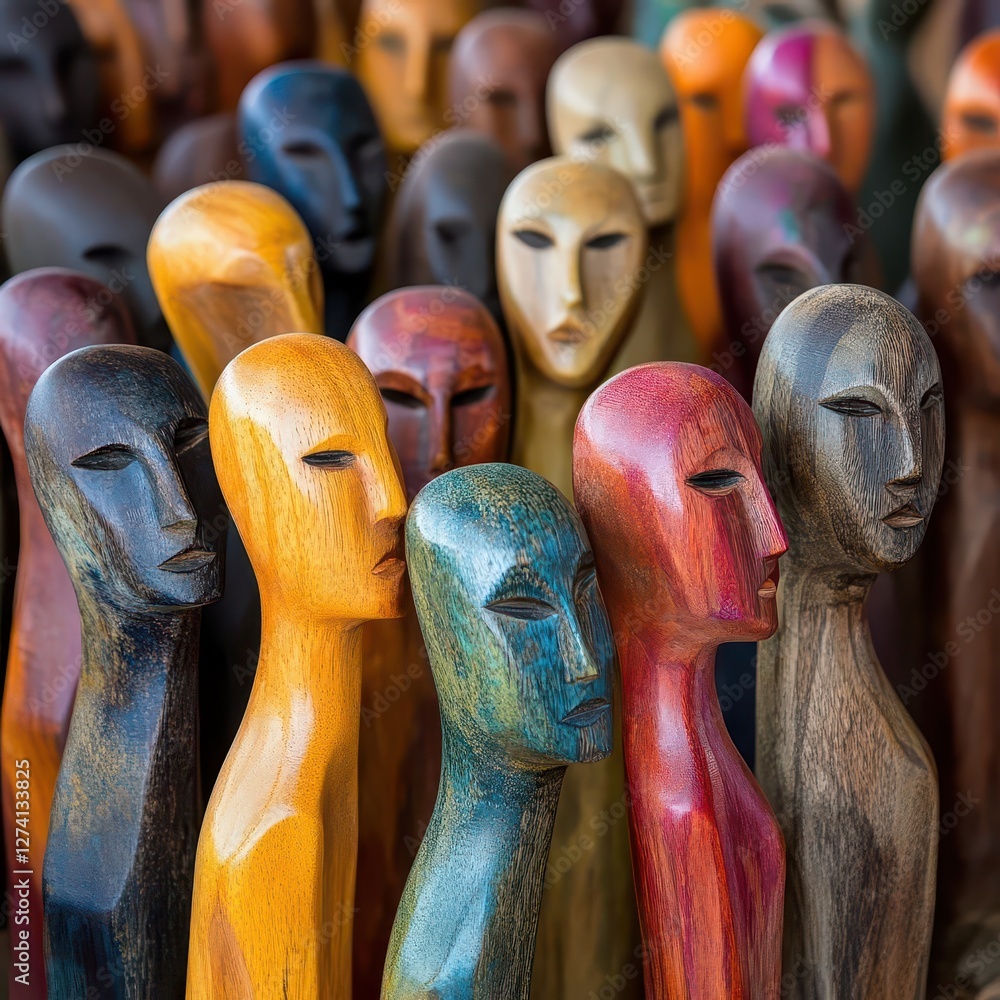 Poster artistic array of multicolored wooden figures representing unity, diversity and community bond, idea