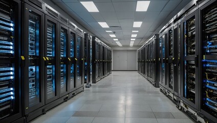 Server room, numerous computers, servers