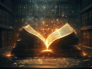 Ancient Magical Grimoire Opened Amidst Enchanting Sparks and Wisps of Smoke, Set in a Mystical Library, Perfect for Illustrating Arcane Spells and Secret Wisdom