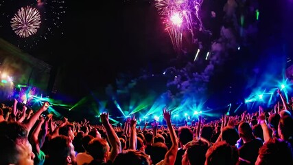 Vibrant concert video scene with a low-angle view of a cheering crowd and colorful fireworks lighting up the night sky, creating an energetic atmosphere.