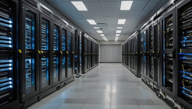 Server room, numerous computers, servers - Powered by Adobe