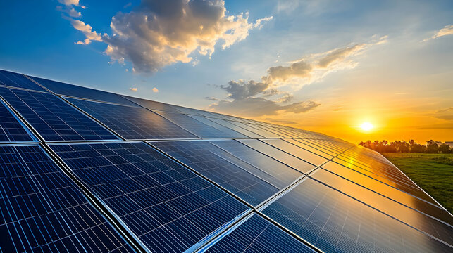 Solar Panel Array at Sunset Generating Clean Energy Power Naturally