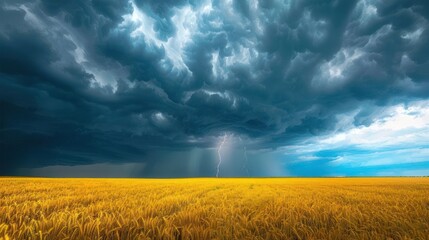A dramatic landscape featuring a golden field under a stormy sky with lightning.