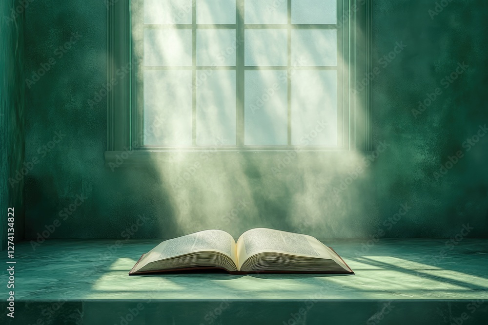 Aufkleber open book on a green surface, illuminated by sunbeams through a window, creating a mystical atmosphe