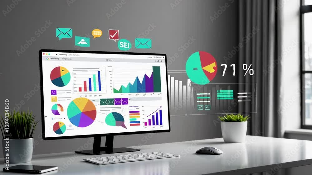 Poster Business infographics dynamically changing on computer screen, revealing marketing data and financial analytics in modern workplace with slow motion visualization