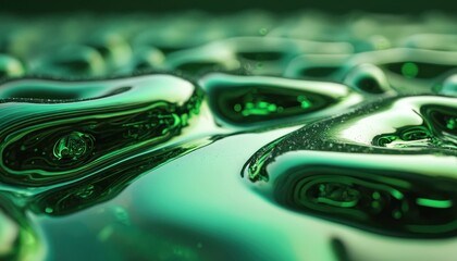 Liquid metal chrome trippy surface with wave patterns. Green glossy fluid texture for wallpaper futuristic design projects. Autostereogram optical illusion with light reflections. Great background