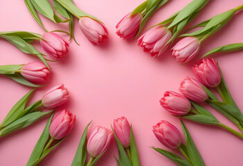 Fresh pink tulips on a soft pastel pink background with empty space in the center for text or design