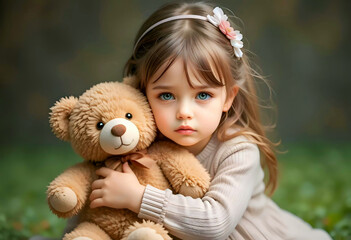 An adorable blue-eyed girl holds a soft brown teddy bear while sitting against a beautiful natural backdrop in the warm rays of sunlight