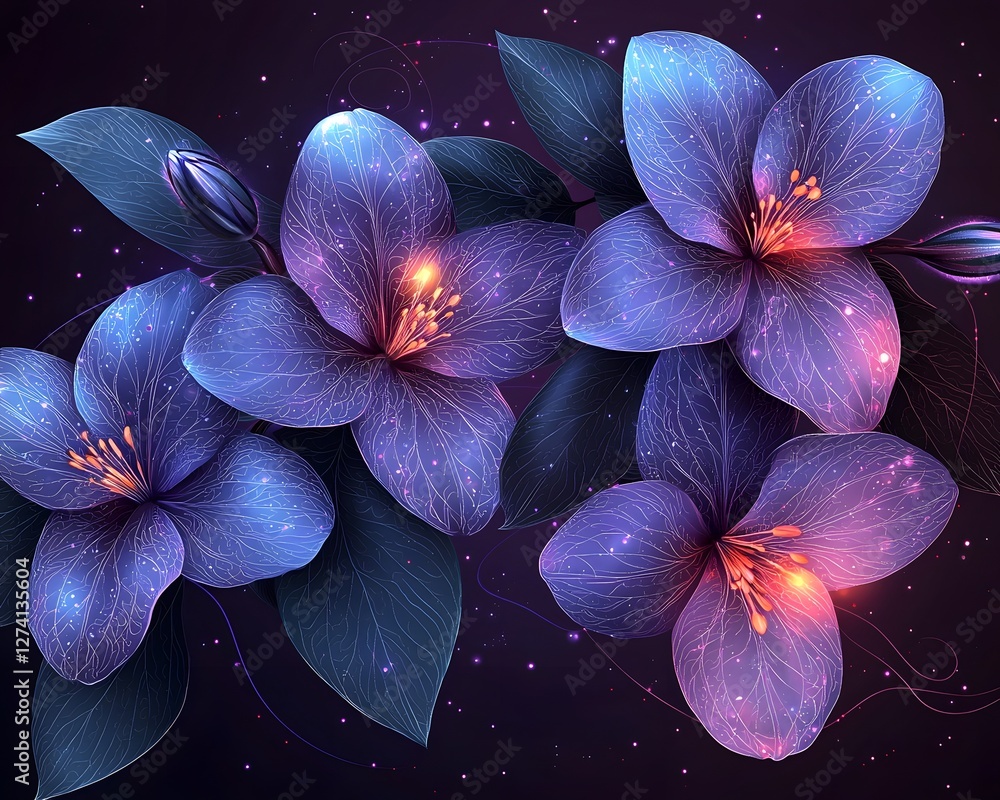 Poster glowing violet floral background with abstract line art and gradient