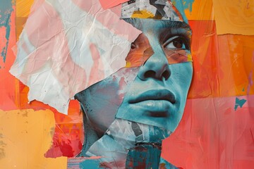 Artistic portrait combining mixed media with floral elements, showcasing emotional expression and creativity in an abstract style