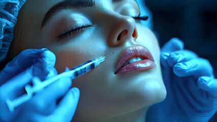 A woman receiving a cosmetic lip injection from a gloved professional in a clinical setting - Powered by Adobe
