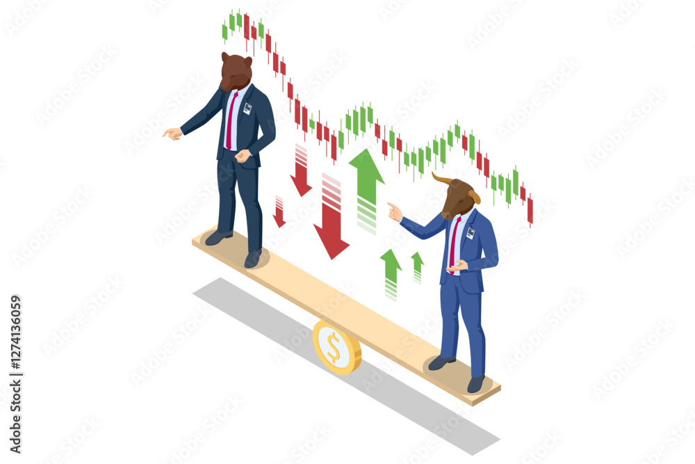 Poster isometric vector illustration of a stock market seesaw with a bull and bear trader balancing on a do