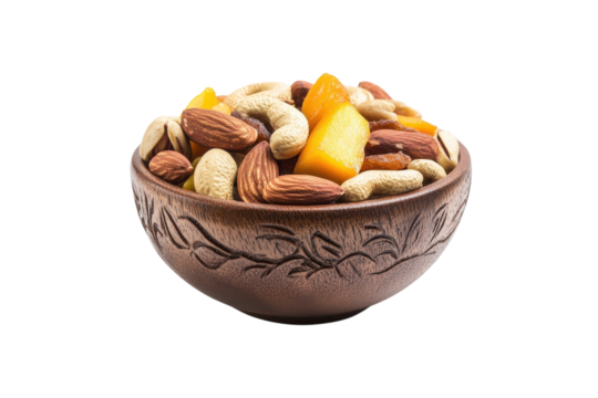 Nutty delight in a beautifully carved wooden bowl filled with almonds, cashews, and dried mango isolated on transparent background