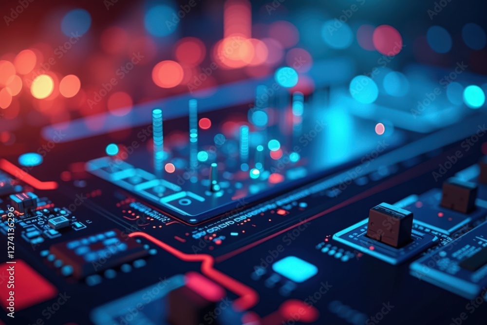 Poster a close-up view of a futuristic circuit board with bright red and blue lights, showcasing digital te