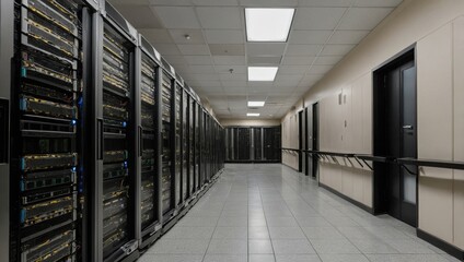 Server room, numerous computers, servers