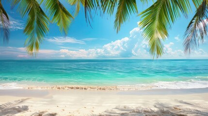 A serene beach scene with palm trees and a clear blue ocean under a bright sky.