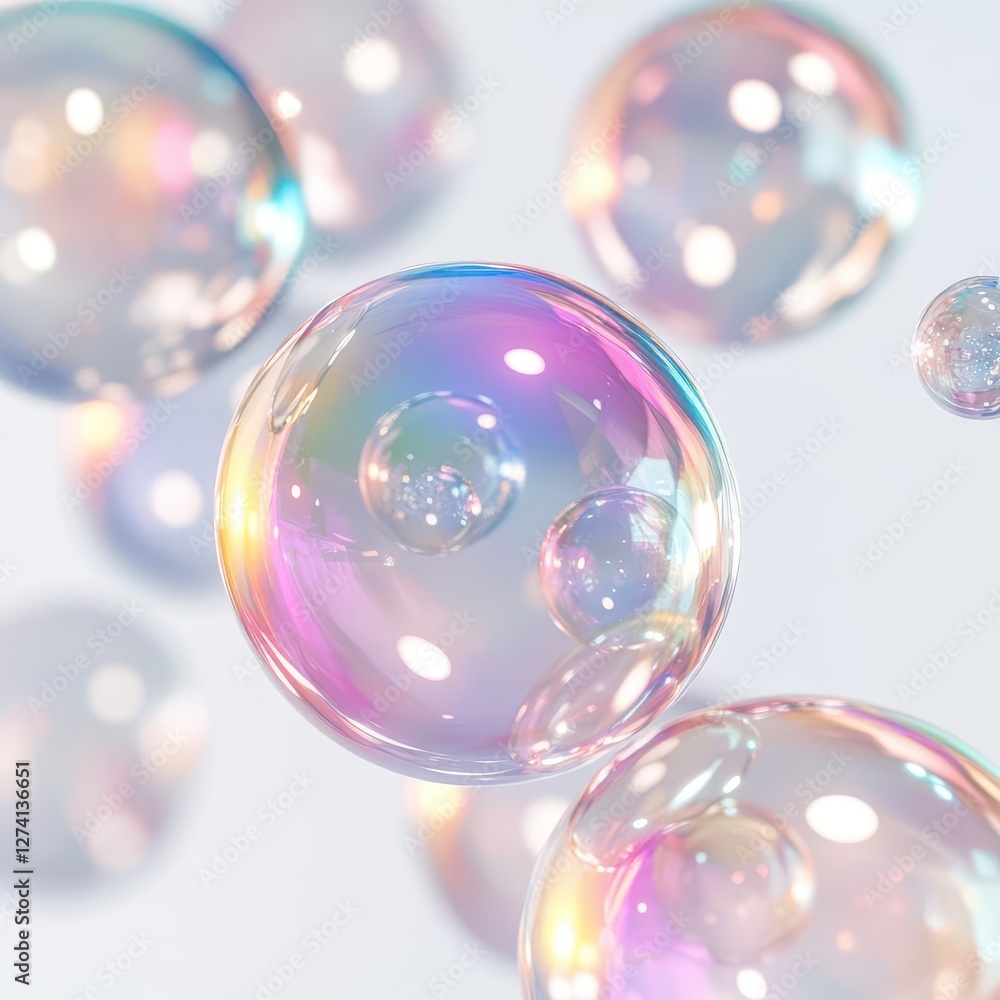 Poster captivating set of realistic white soap bubbles with iridescent rainbow reflections, isolated on a p
