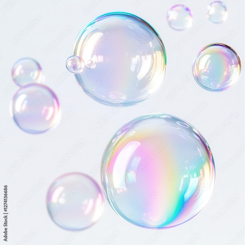 Poster captivating set of realistic white soap bubbles with iridescent rainbow reflections, isolated on a p