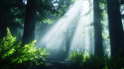 A serene forest scene featuring tall trees with beams of sunlight filtering through the foliage, illuminating lush green ferns on the forest floor, creating a tranquil atmosphere.