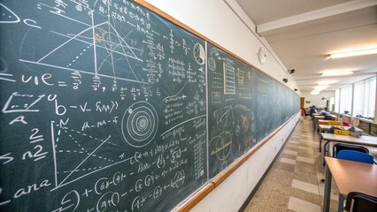 Education scene with a blackboard fully inscribed with mathematical theories and calculations, suitable for educational materials and presentations