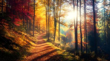 Obraz premium A forest in autumn, with trees of various colors and leaves falling to the ground, creating an enchanting landscape 