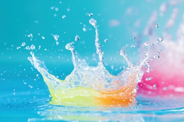 Vibrant liquid splash freezes in time against a colorful backdrop of teal, yellow, and pink hues