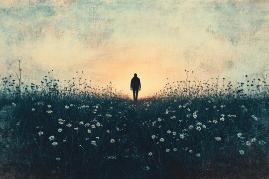 A solitary figure walks towards a sunset through a field of daisies, evoking a sense of peace and solitude.